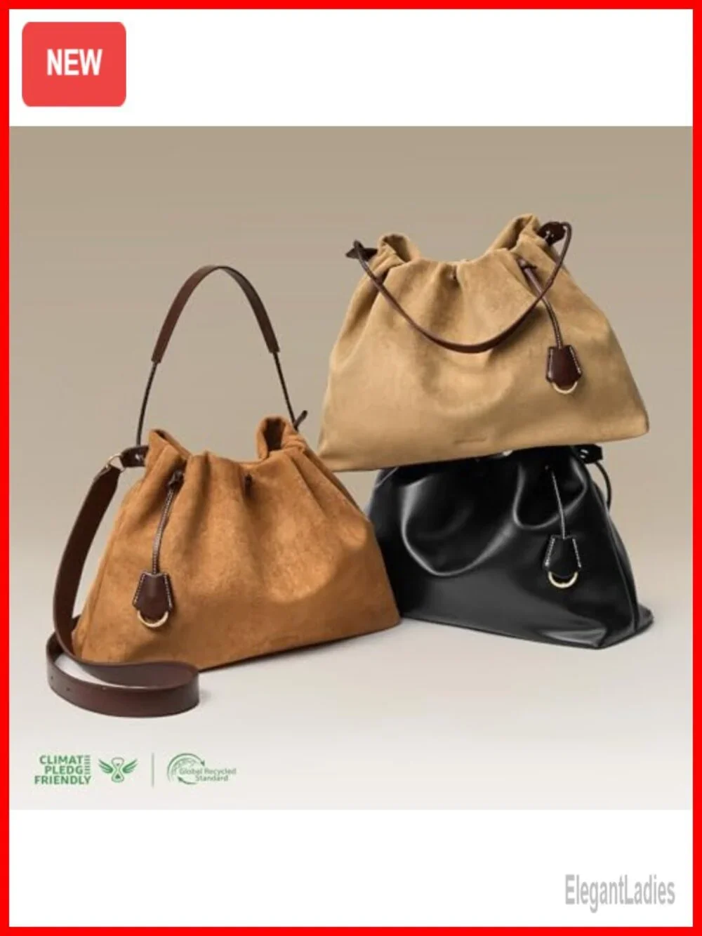 Faux Suede Vegan Leather Slouchy Hobo Drawstring Crossbody Shoulder Bag